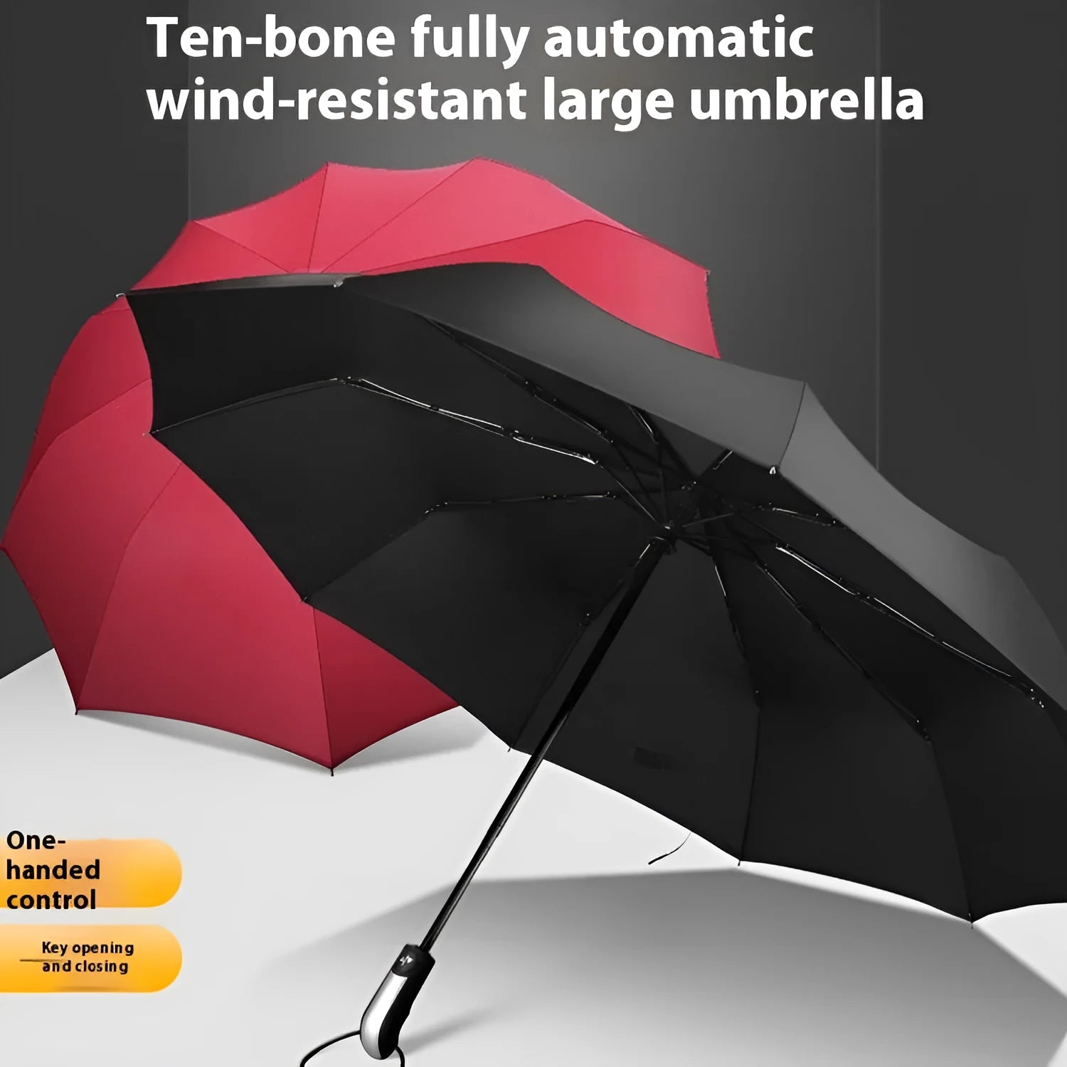 Triple-fold black automatic business umbrella with steel frame and rubber handle open.