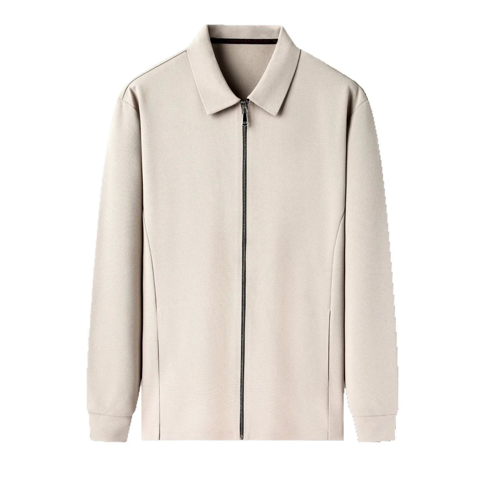 Men's jacket in polyester fabric, shown in black, dark grey, and apricot colours, featuring long sleeves and a straight hem.