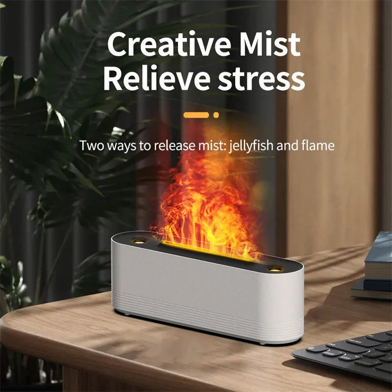 Black ultrasonic aroma diffuser with LED flame light effect emitting cool mist