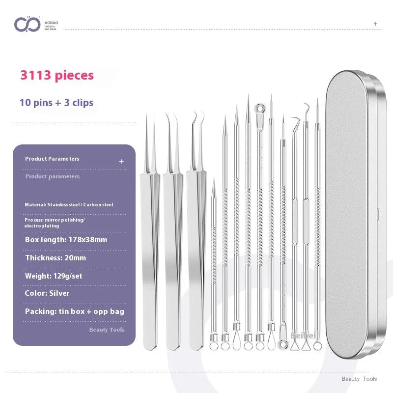 Four silver metal acne needles and a handling clip laid out on a clean surface.