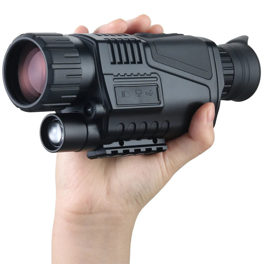 Black digital night vision telescope with 40mm lens, rubber-coated body, shown with storage bag and cables.