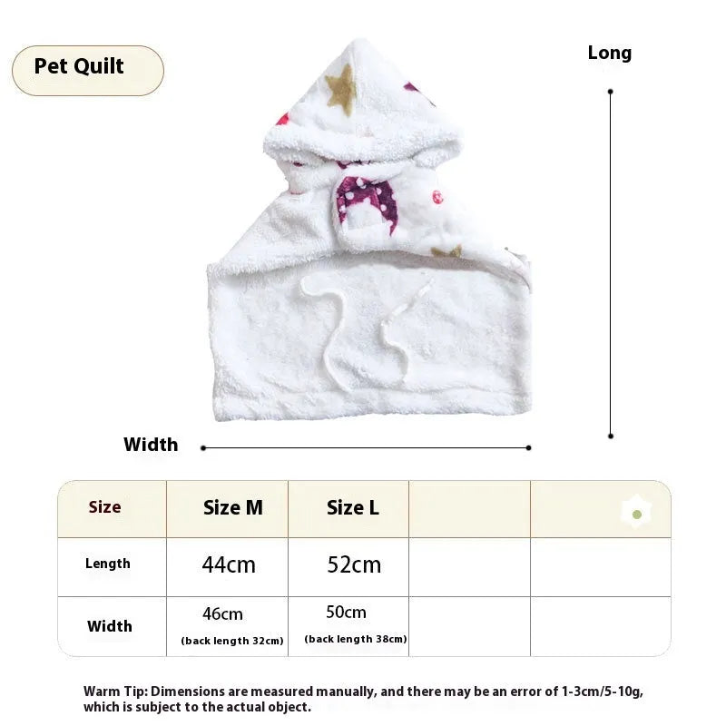 White coral fleece pet cloak pajamas with XINGX and Moon print, sizes M and L