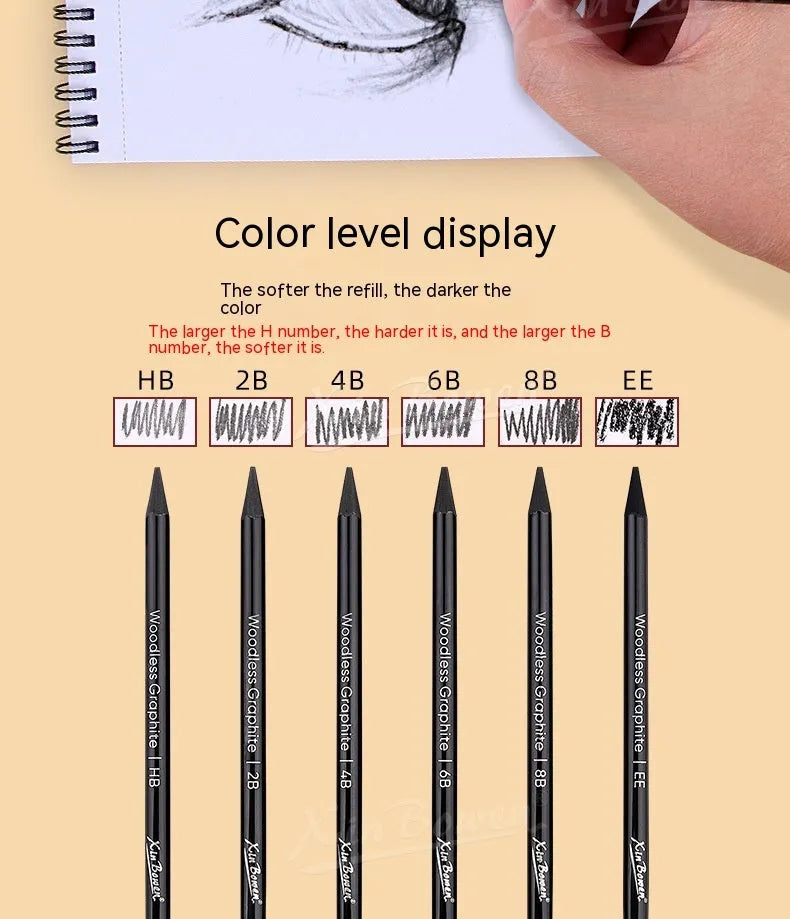 Set of six wood-free graphite sketching pencils with grades HB, 2B, 4B, 6B, 8B, and EE for art drawing.