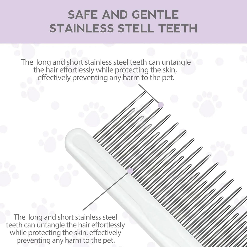 Purple pet detangling comb with stainless steel long and short teeth on a white background