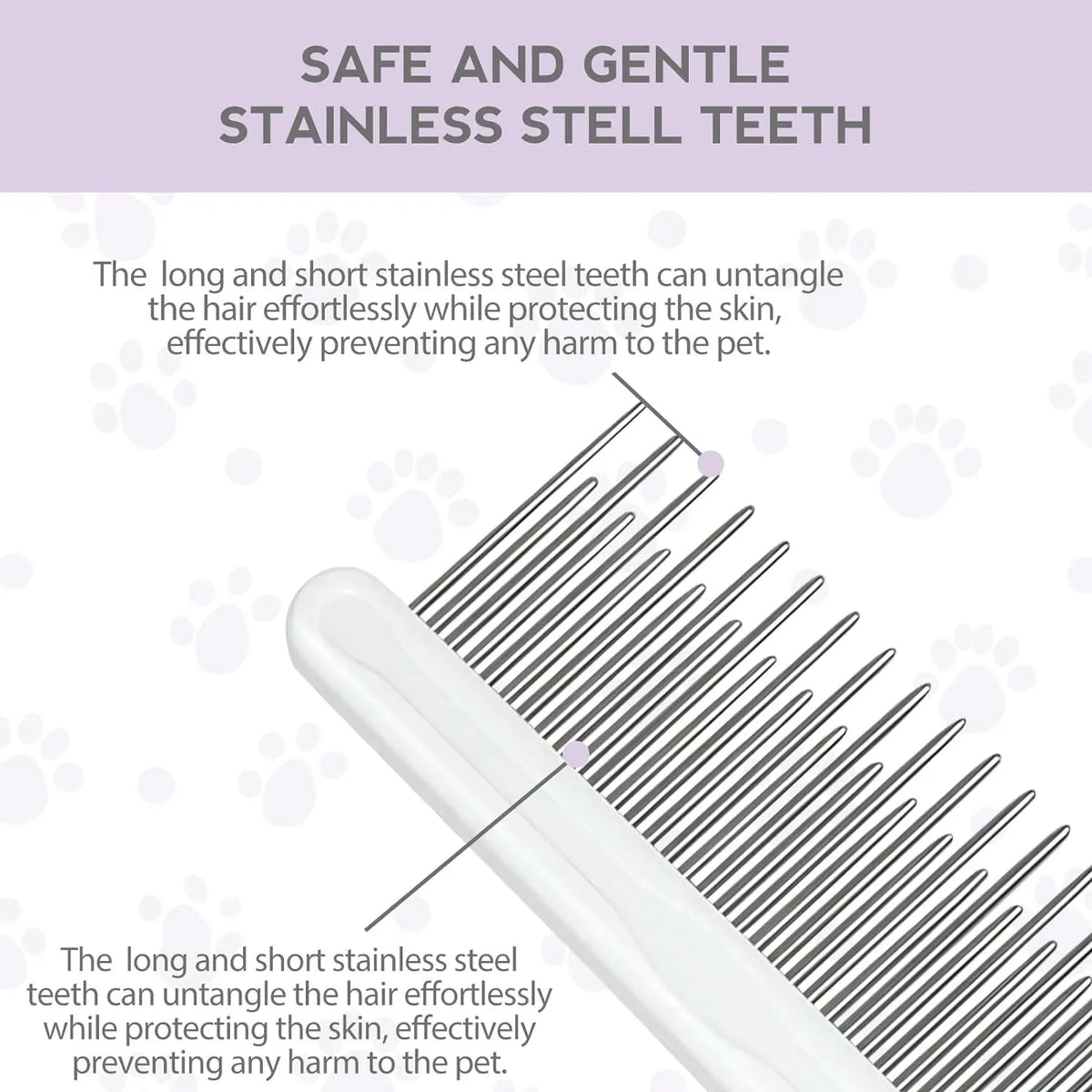 Purple pet detangling comb with stainless steel long and short teeth on a white background