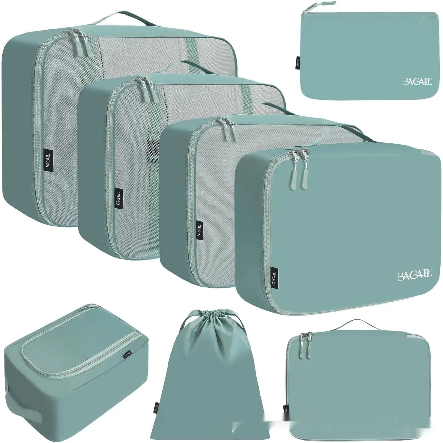 Cubic eight-piece travel packing set showing compression bags in various colours including beige, black, and pink leopard print