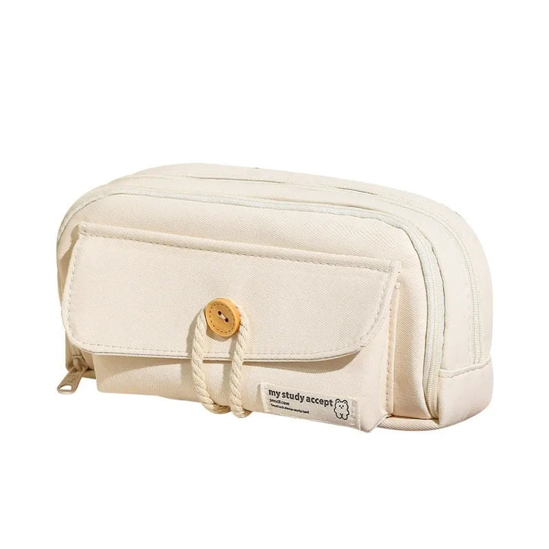 Korean style canvas pencil case in green colour with large capacity for approximately 80 pens