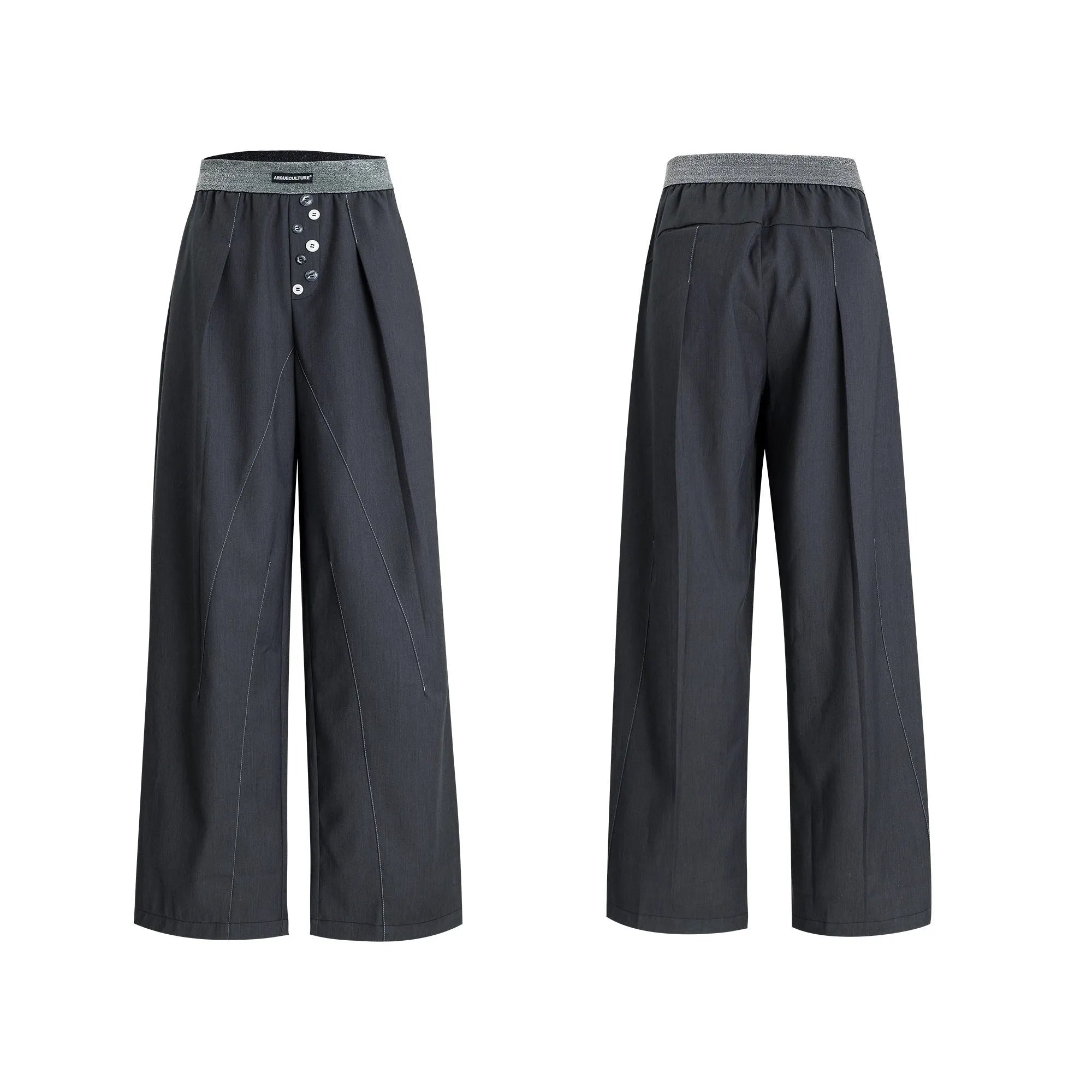 Drooping straight-leg trousers with button open line design in black and grey colours