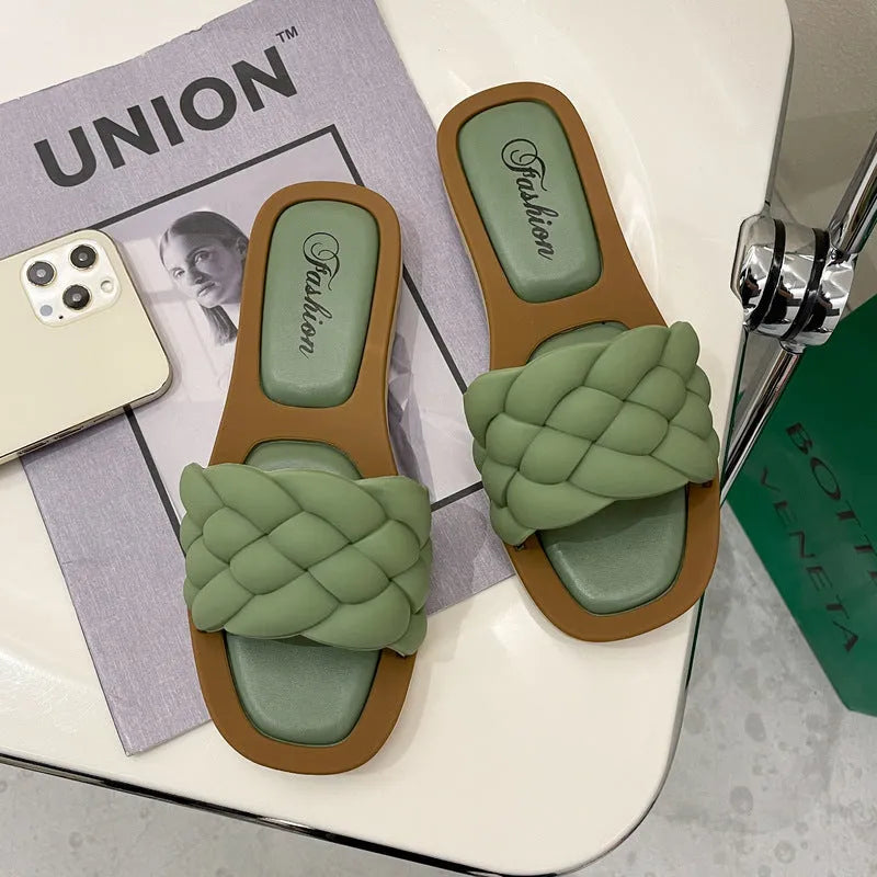 Women's plaid pattern PVC sandals with a thick non-slip sole in black, green, orange, or white.