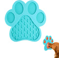 Square blue silicone dog licking mat with bone texture and suction cups on back.