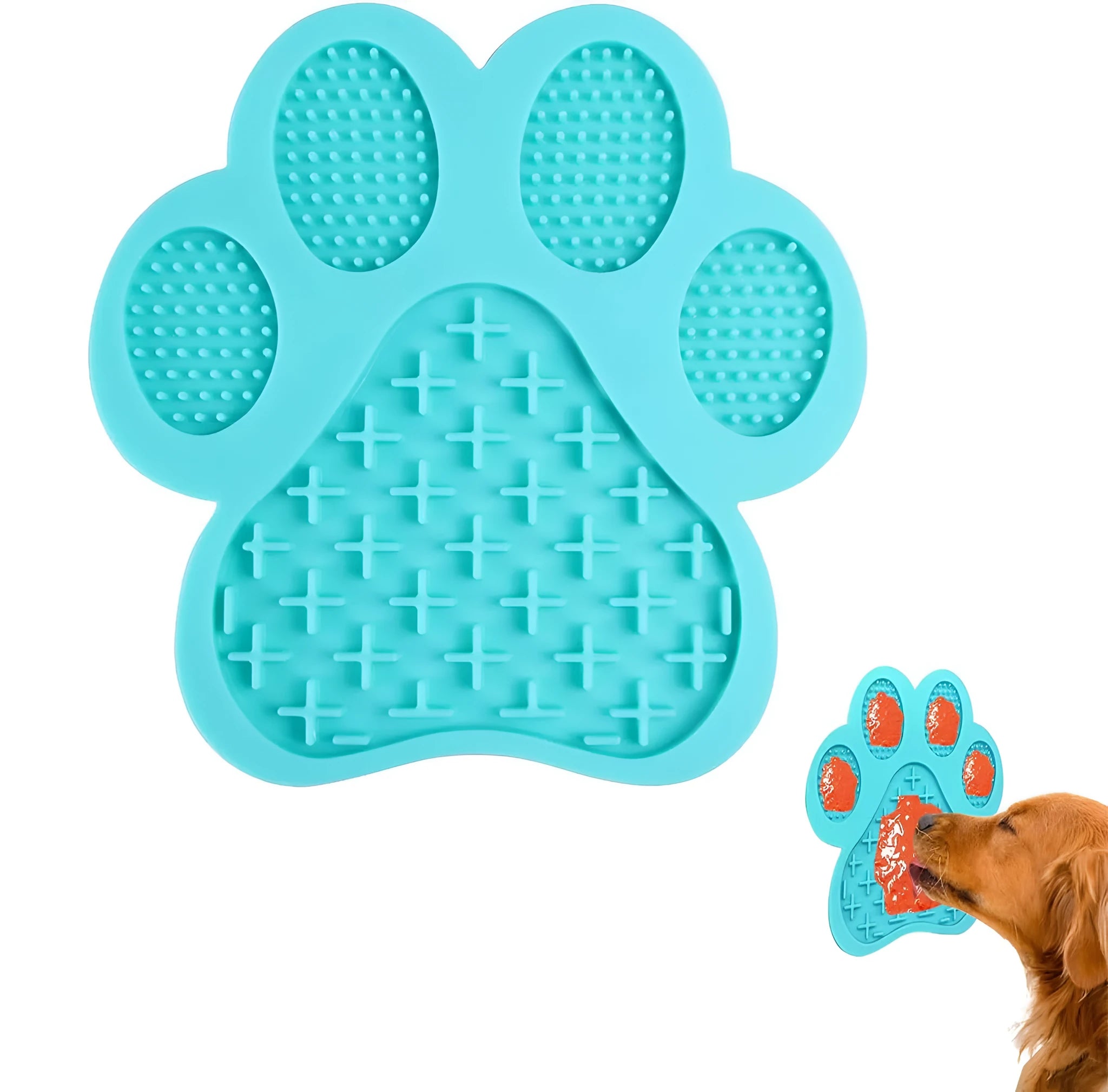 Square blue silicone dog licking mat with bone texture and suction cups on back.