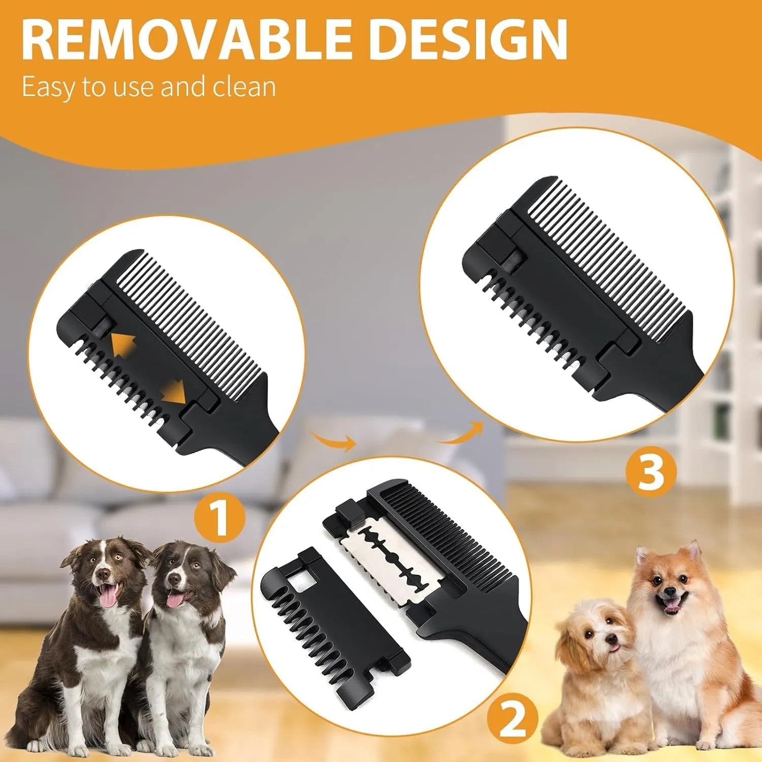A silver and black 2-in-1 razor comb and brush for grooming dogs and cats, shown with replacement blades.