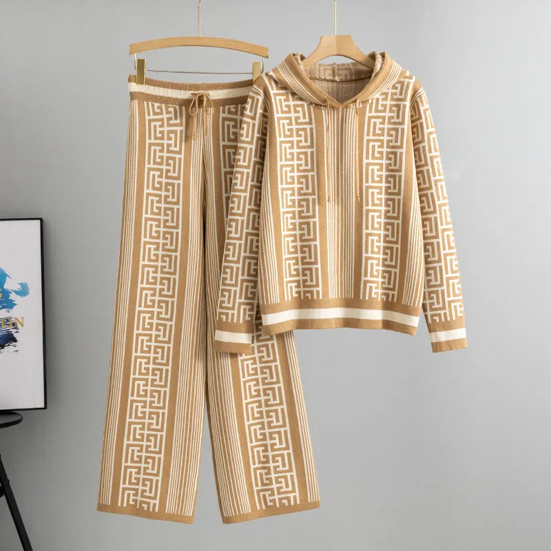 Women's hooded knitted sweater and wide leg pants suit in viscose fibre with letter pattern, shown in khaki, black, rose red or brown.