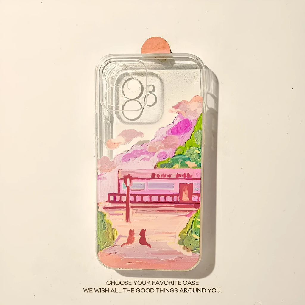 Soft silicone iPhone case with a colourful two-cat cartoon design on a white background.