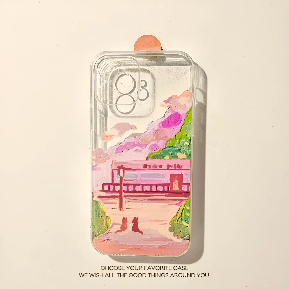 Soft silicone iPhone case with a colourful two-cat cartoon design on a white background.