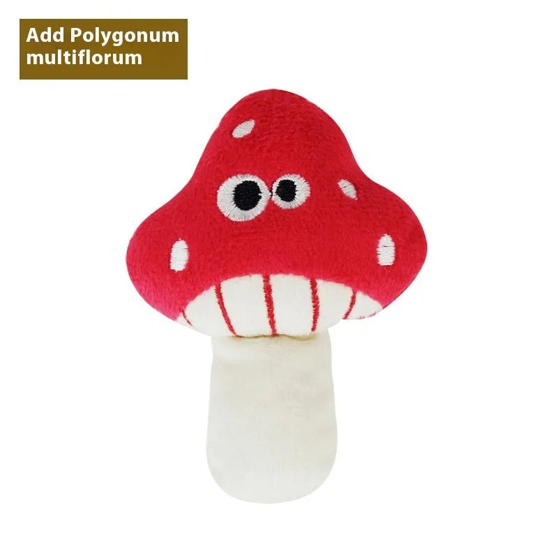 Six colourful polygonum multiflorum shaped cat toys: burrito, cone, cucumber, mushroom, pineapple, and pizza designs