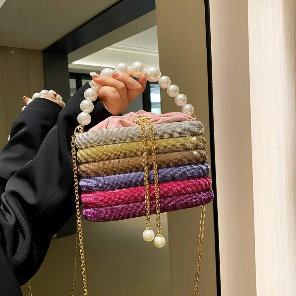 European retro style pearl beaded crossbody bag in soft PU leather with dinner clutch shape