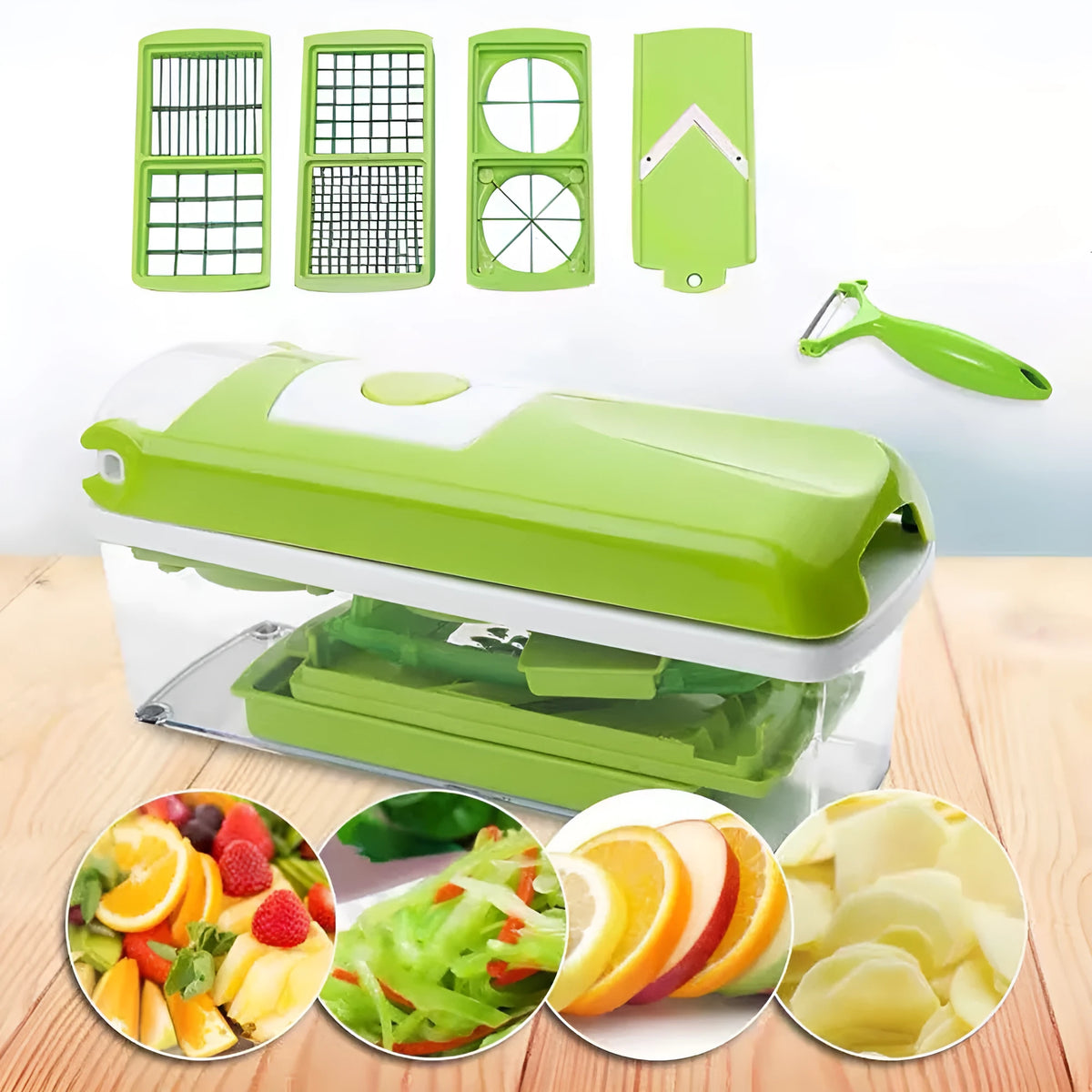 Green 12-piece manual food chopper set with stainless steel blades on a kitchen counter.