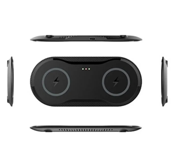 Black and white dual wireless charger charging Samsung and iPhone phones simultaneously