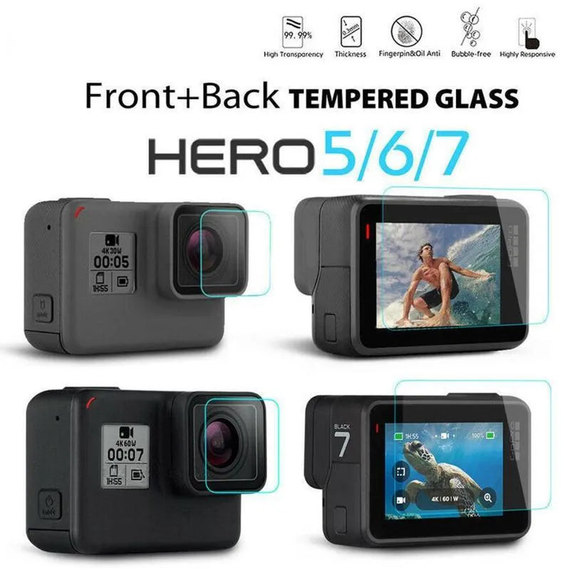 GoPro Hero camera with transparent 9H tempered glass screen protector and lens protector film kit.