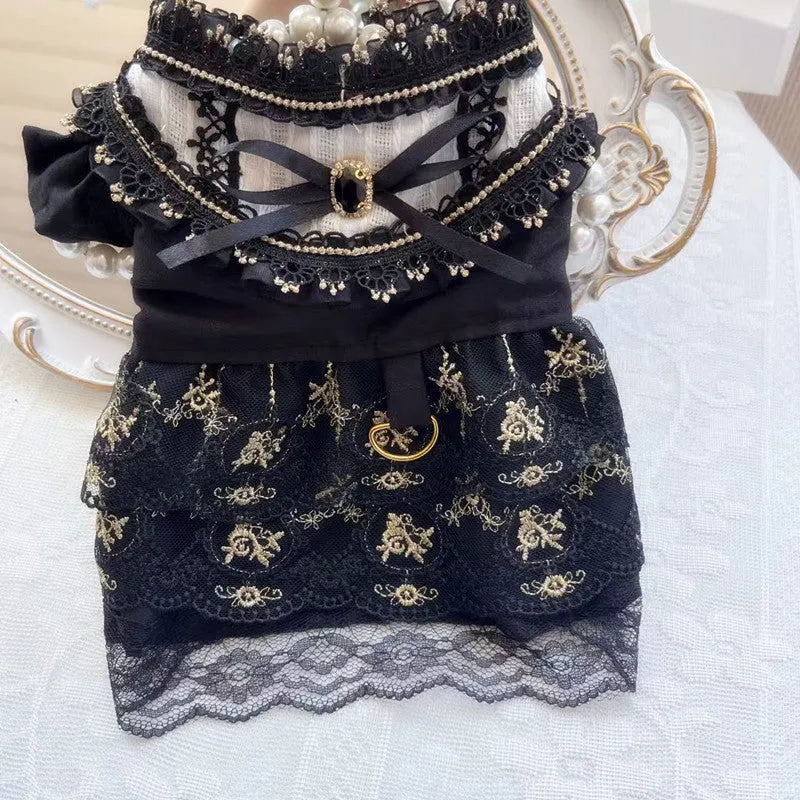 Golden gothic princess style skirt for a small dog or cat on a mannequin.