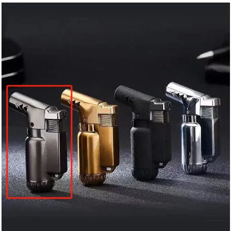 HB805-1 full metal windproof lighter in black, gold, grey, or silver with elbow straight punch design.
