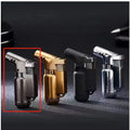 HB805-1 full metal windproof lighter in black, gold, grey, or silver with elbow straight punch design.