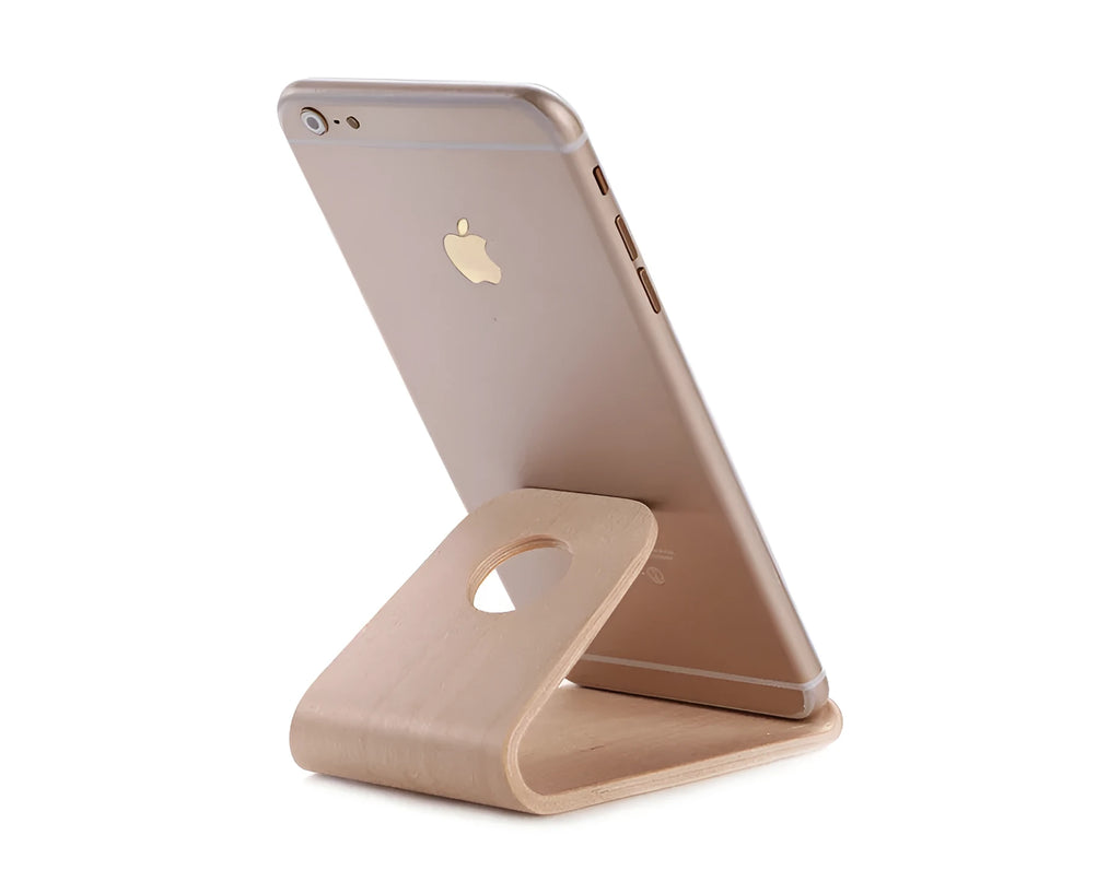 Wooden iPhone stand in walnut or maple finish showing angled bracket design