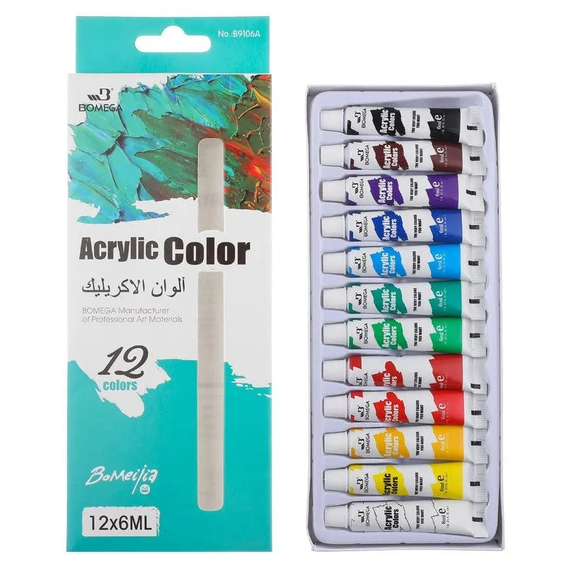 Set of artist paint tubes in a box, showing labels for acrylic, gouache, watercolour, and oil painting 12-colour kits.