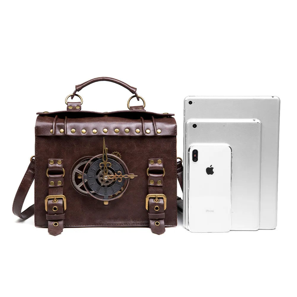 Bronze steampunk industrial retro style shoulder bag with pillow shape and metal hardware accents