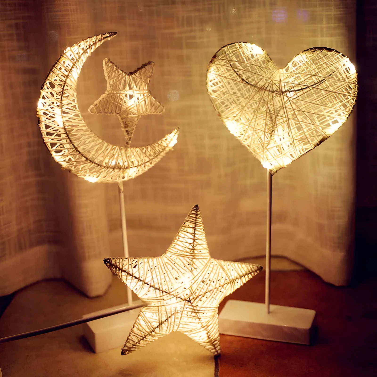 Rattan LED string lights with heart, star, and moon shapes for bedroom decoration