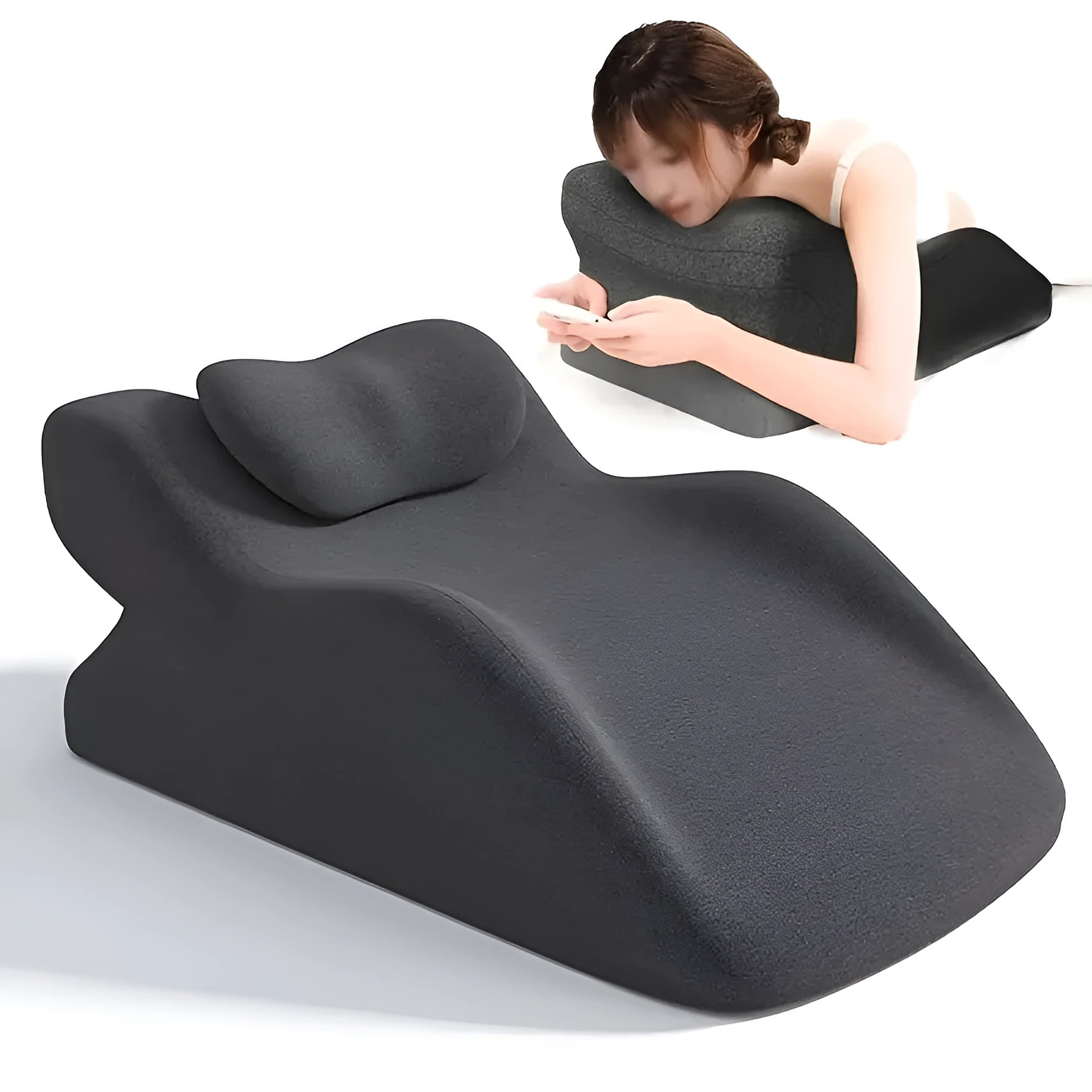 Wedge-shaped stomach sleeper pillow with arm slots shown in light grey colour