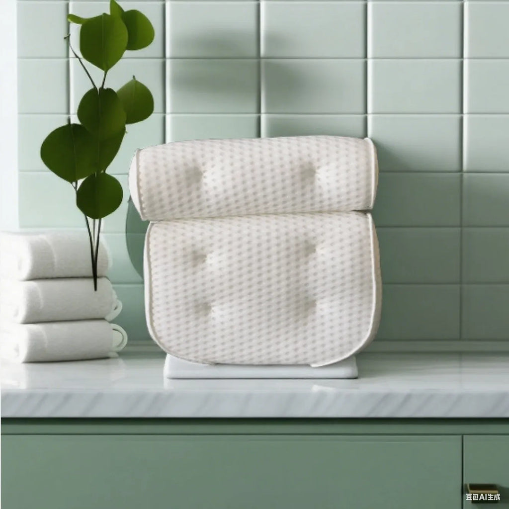 White bathtub pillow with 3D mesh material and suction cups for bathroom use