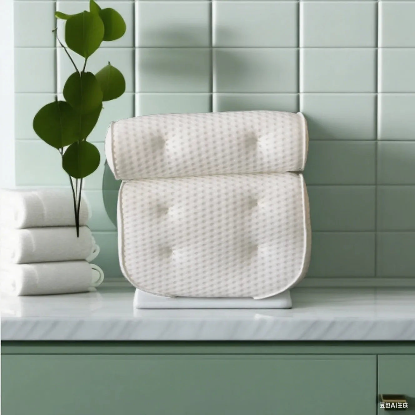 White bathtub pillow with 3D mesh material and suction cups for bathroom use