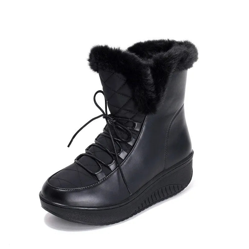 Women's black and white winter boots with 3cm platform, plush lining, and lace-up closure