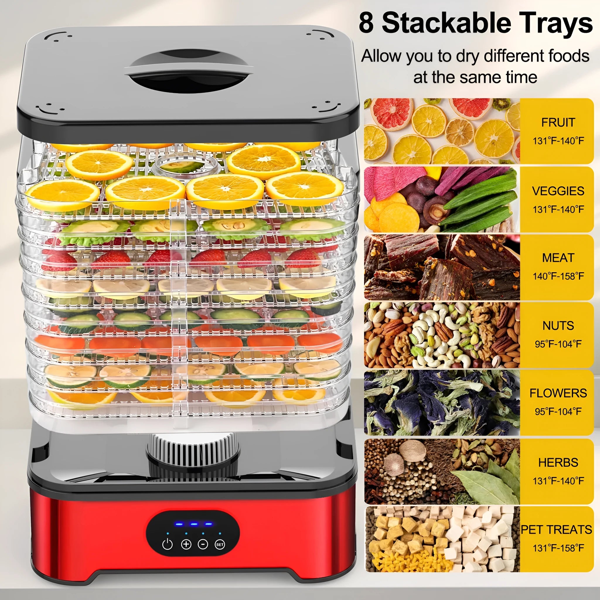 Silver or red household food dehydrator with eight drying trays showing compact storage dimensions