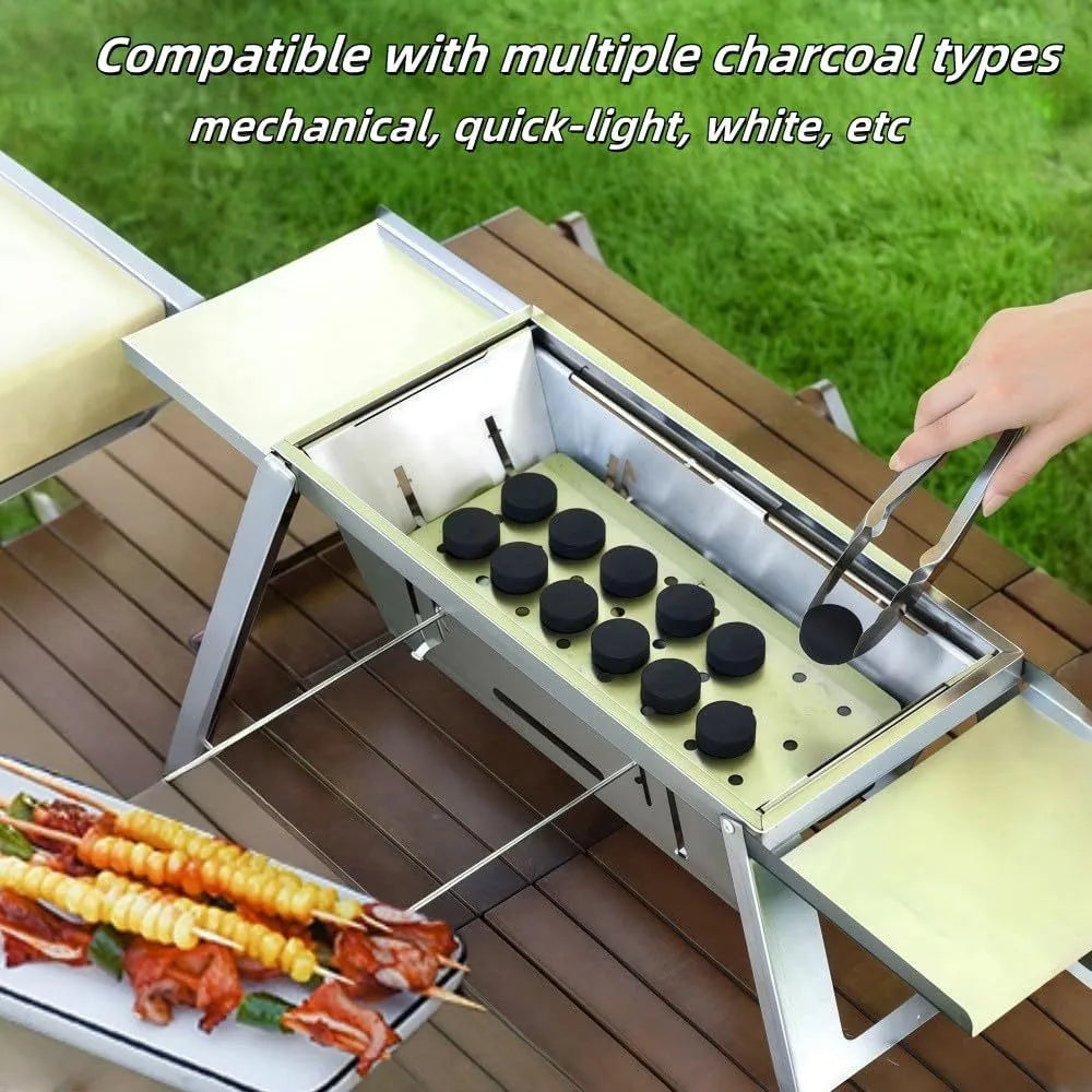 Small foldable steel charcoal grill shown in open cooking position and folded for storage.