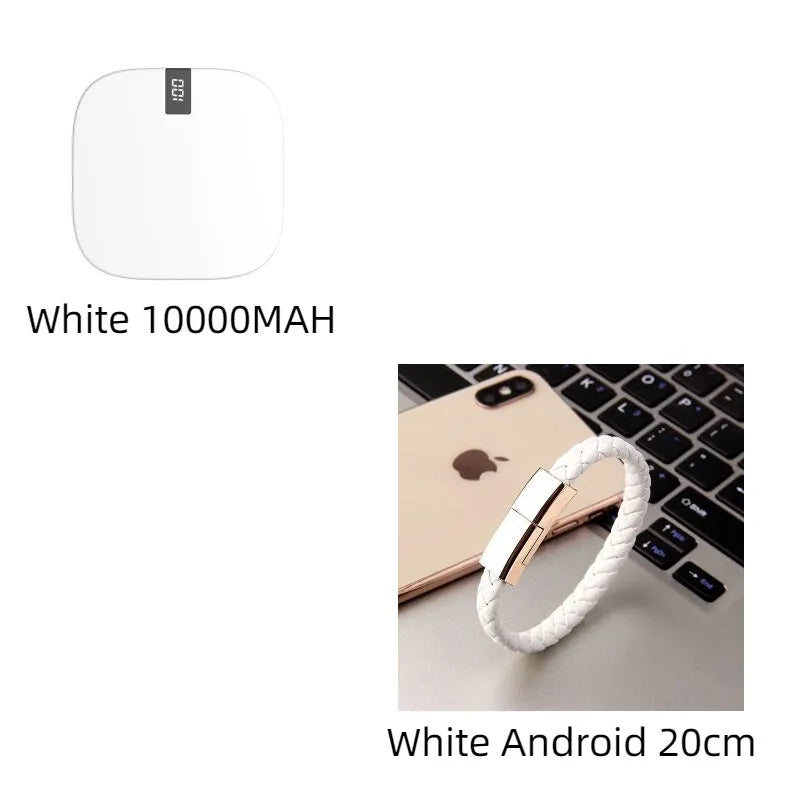 10000mAh mini power bank with LCD display, dual USB ports, and fast input, in red, white, or black.