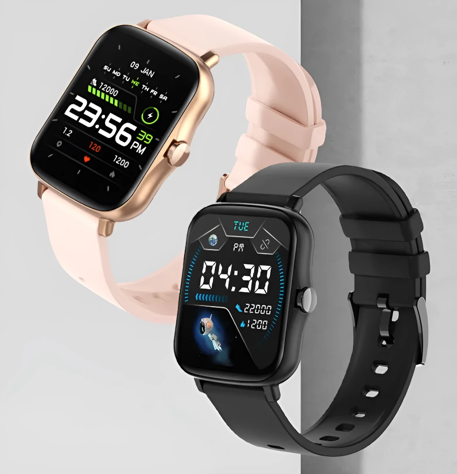 Blue smart watch with 1.7-inch touch screen on wrist, showing fitness stats interface.