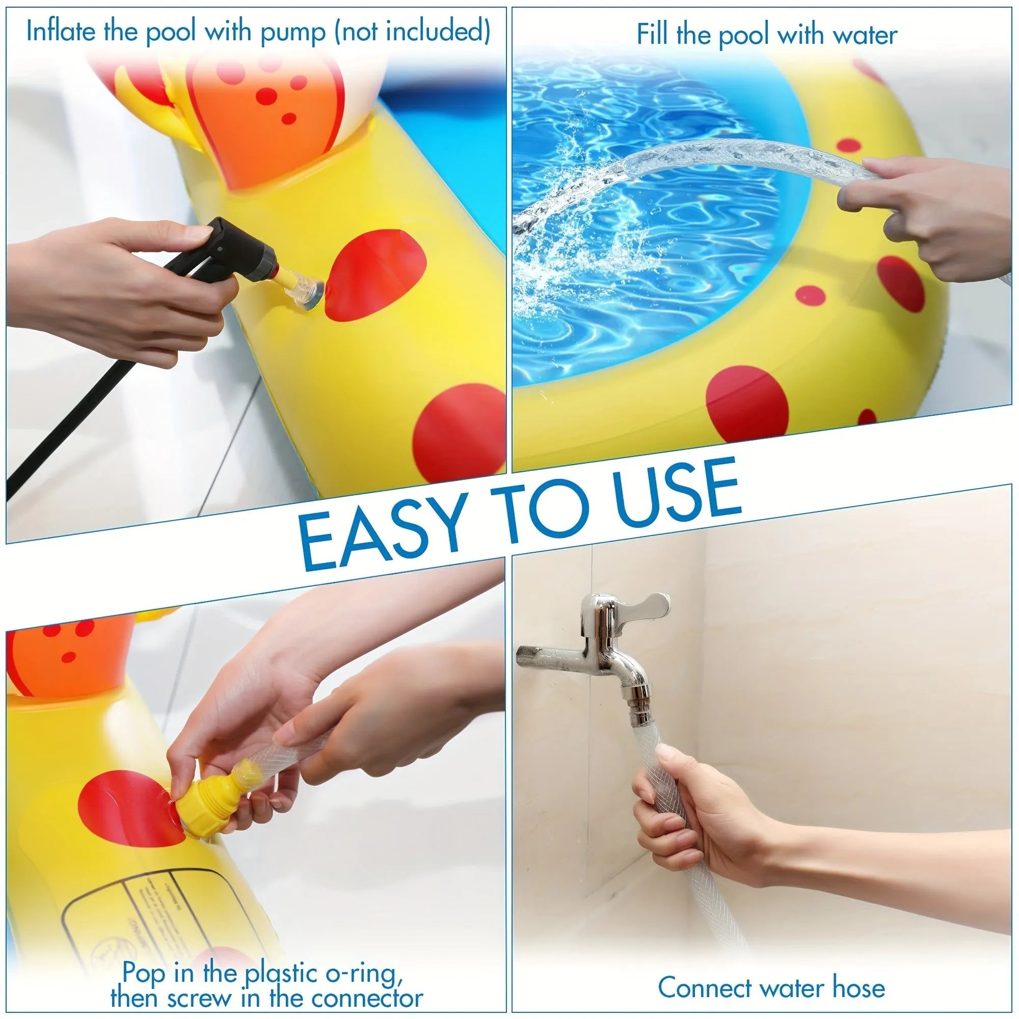 Blue inflatable dinosaur-shaped water pool with shark sprinkler toy for kids