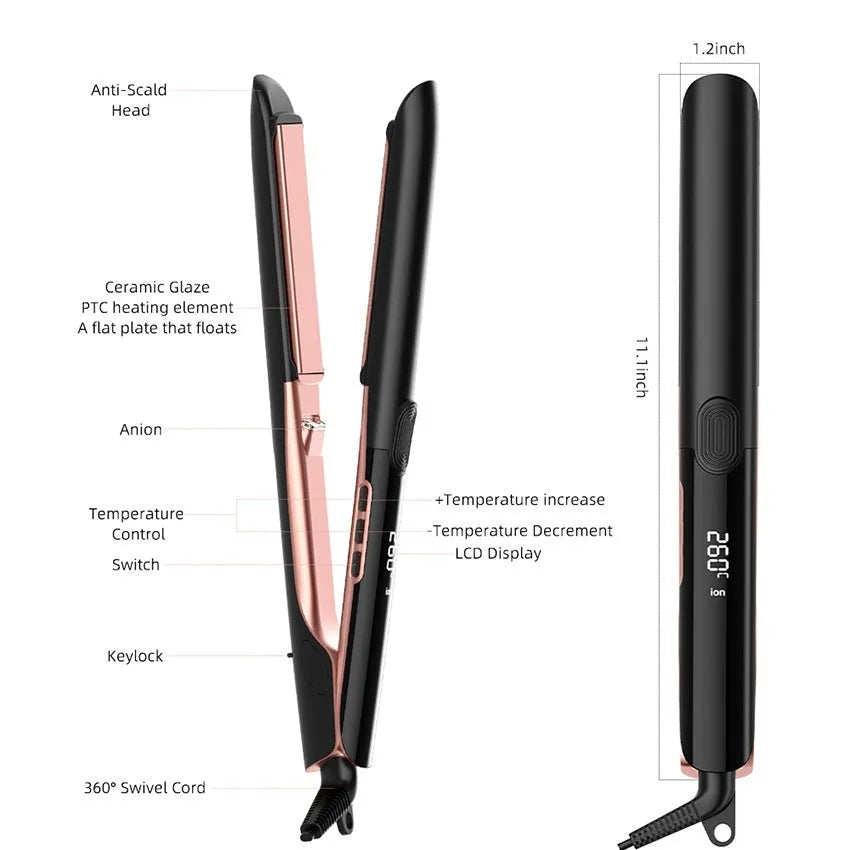White anion hair straightener and curler with digital temperature display and EU plug