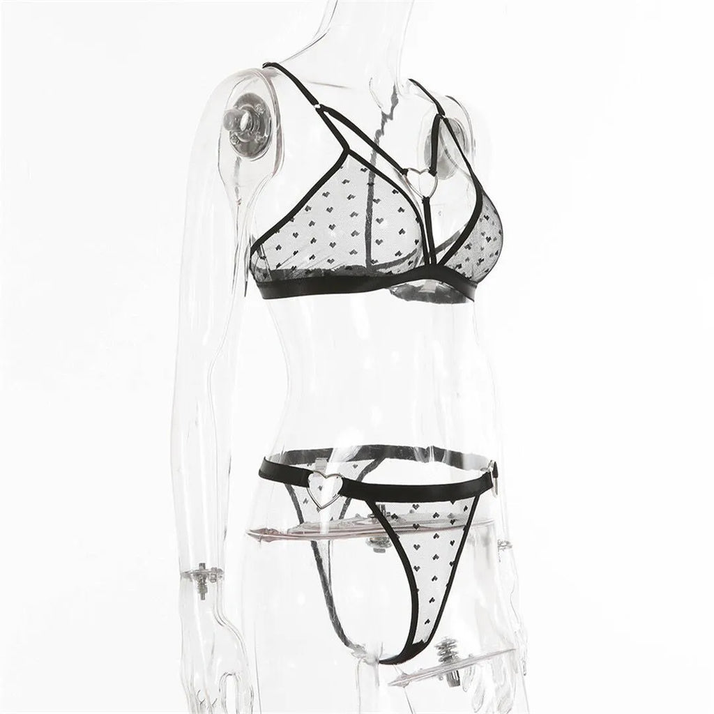 Ladies' black spandex mesh two-piece activewear set showing top and high-waist pants.