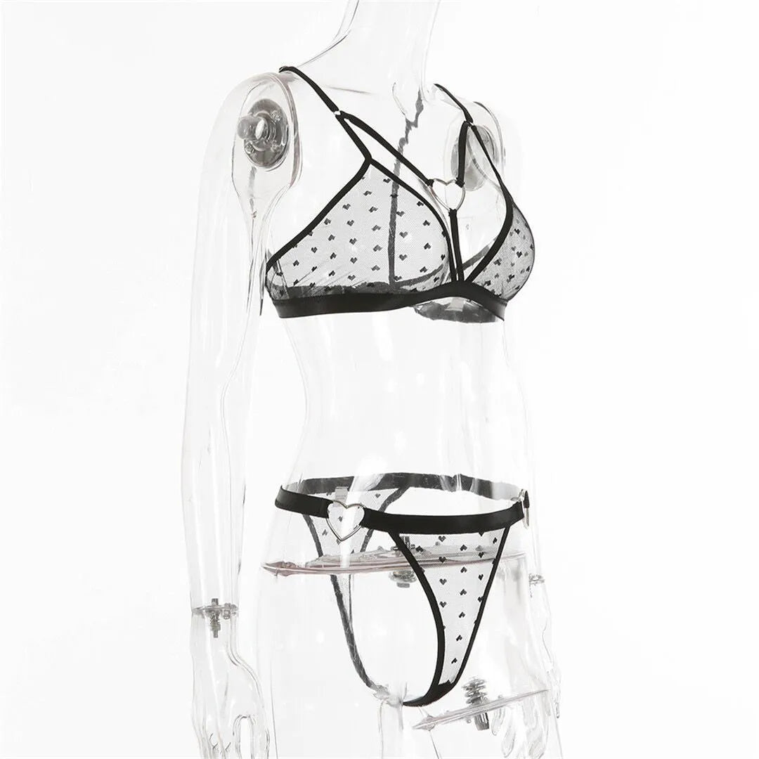Ladies' black spandex mesh two-piece activewear set showing top and high-waist pants.