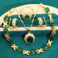 18k gold plated jewellery set with multi-colour cubic zirconia stones including necklace, earrings, ring, and bracelet