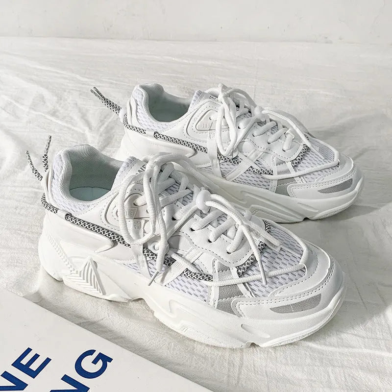 Men's white platform dad shoes with lace-up front and chunky sole