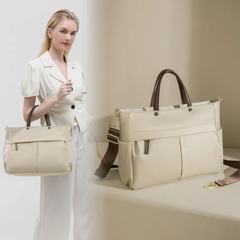 Women's Oxford cloth briefcase in urban simplicity style with contrast stitching and portable handle