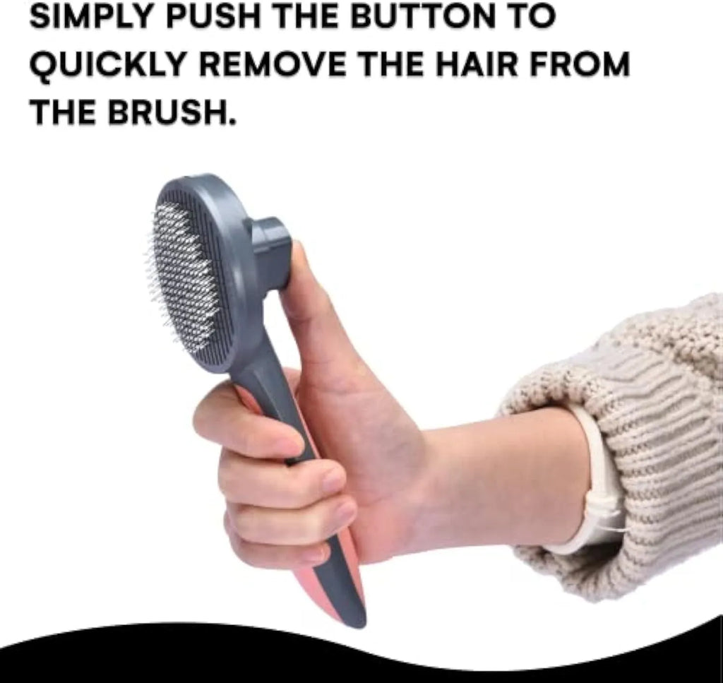 Self cleaning slicker brush for cats and dogs with non-slip handle in grey green or pink removing loose fur