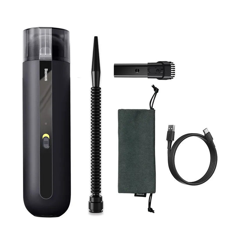 Baseus handheld cordless car vacuum cleaner in black, white, or green with blowing hose attachment.