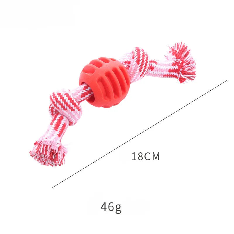 Blue dog chew toy with rope centrepiece for dental cleaning, approximately 9.5 cm diameter