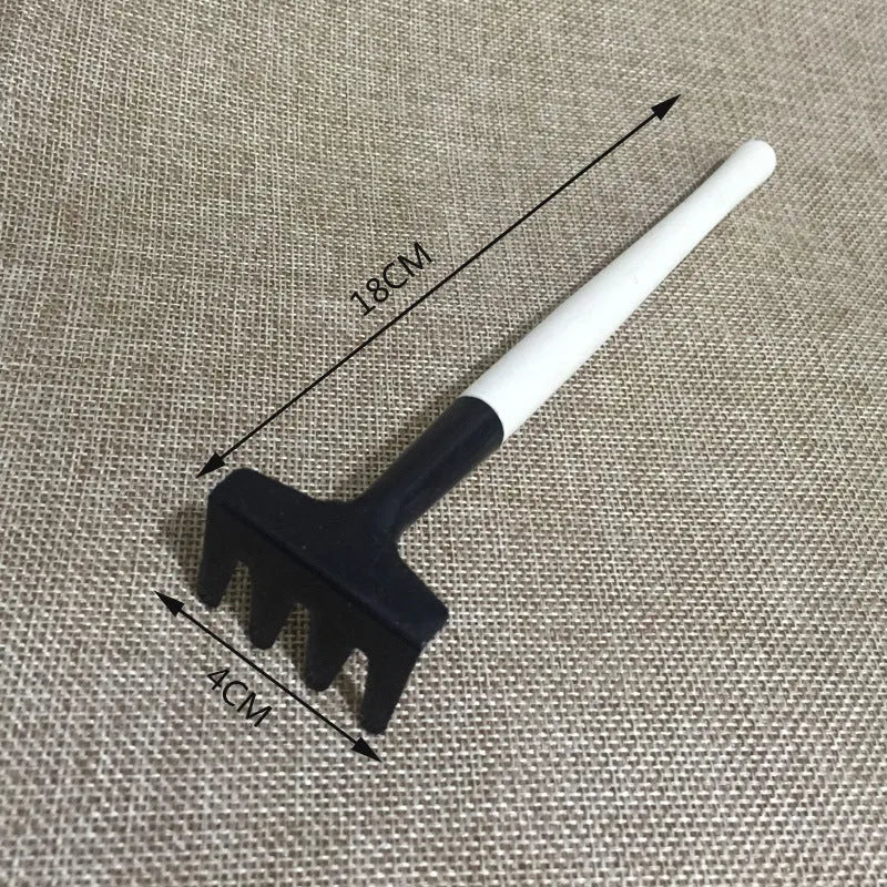 Succulent gardening tool set showing mini shovel, drip kettle, tweezers, and brush for indoor plants.